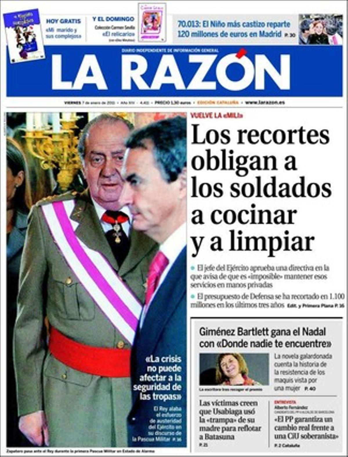 També destaca ’La Razón’ en pàgines interiors que Tunísia i Algèria esclaten per la pujada del preu dels aliments; unes declaracions exclusives d’Aberto Fernández Díaz: Mas vol la sociovergència a Barcelona, Catalunya i Espanya, i que la sanitat catalana és una dels millors d’Europa però de les més mal finançades.