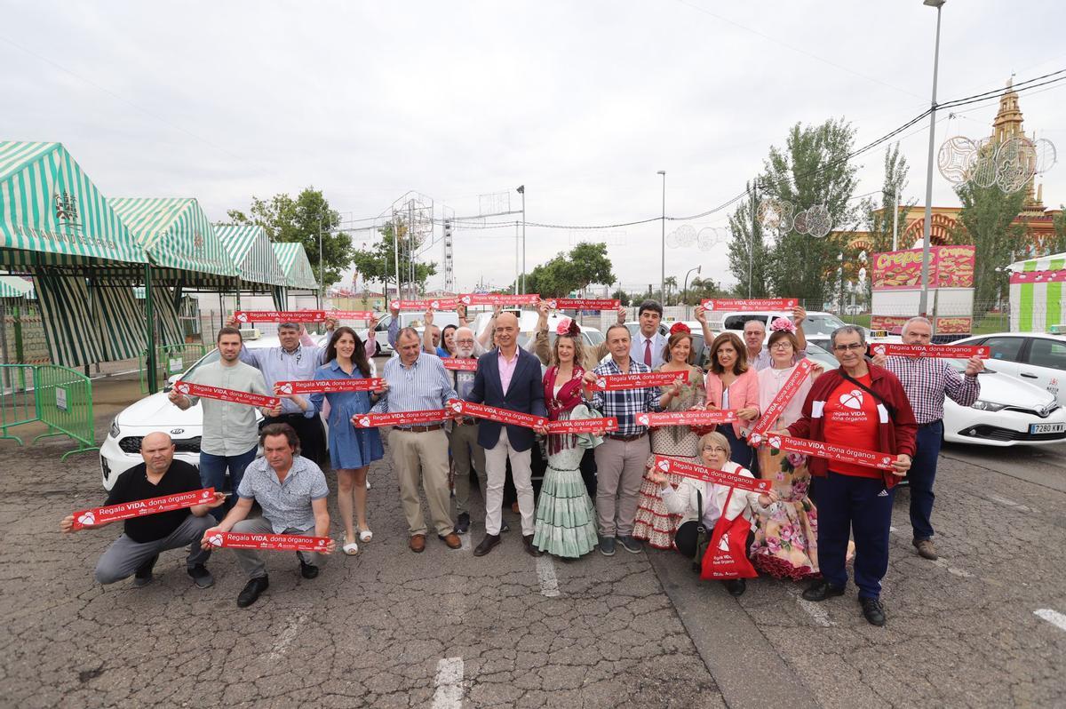 Representantes del Hospital Reina Sofía, Pide Taxi Córdoba y la delegación de Salud de la Junta junto a pacientes trasplantados, durante el pegado de etiquetas