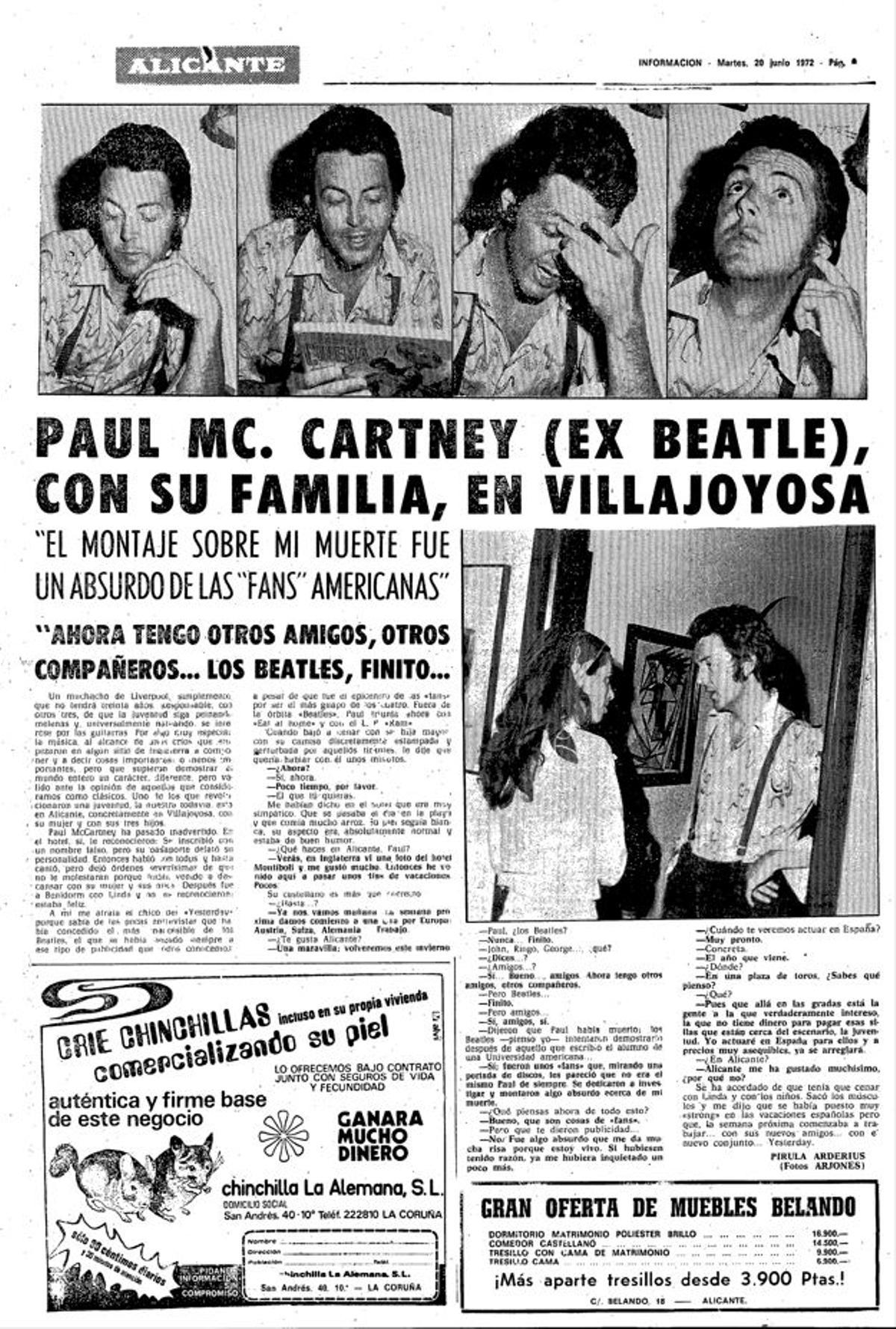 Página de la entrevista a McCartney en el periódico INFORMACIÓN el 20 de junio de 1972
