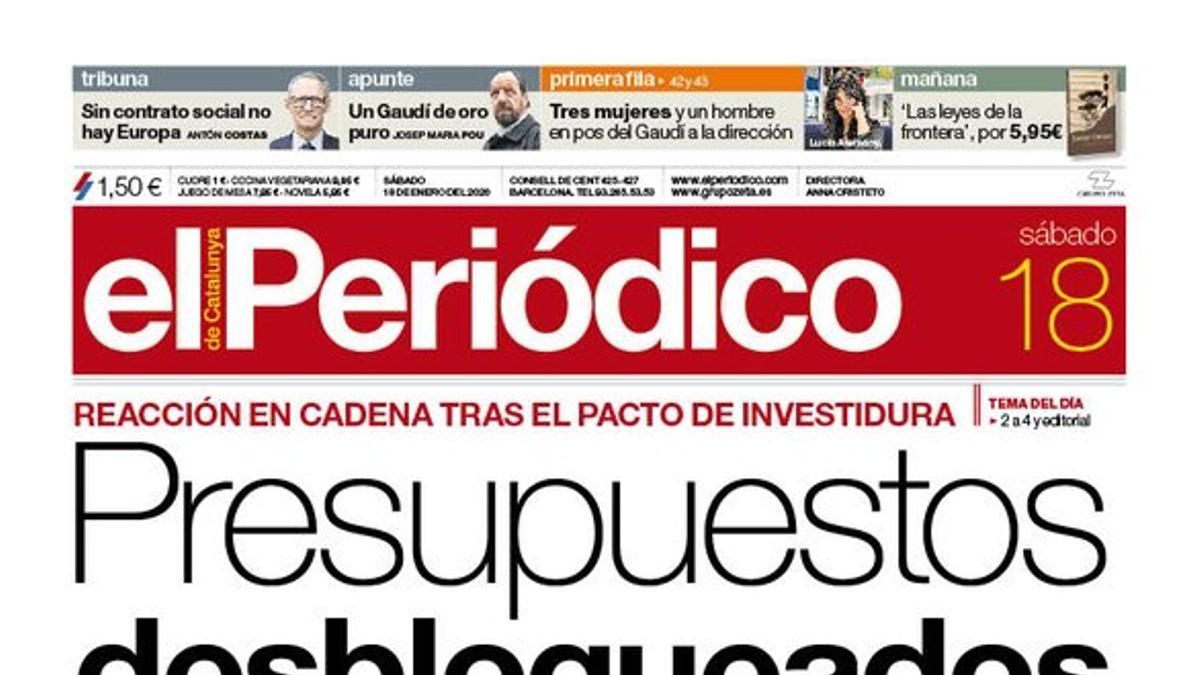 La portada de EL PERIÓDICO del 18 de enero del 2020