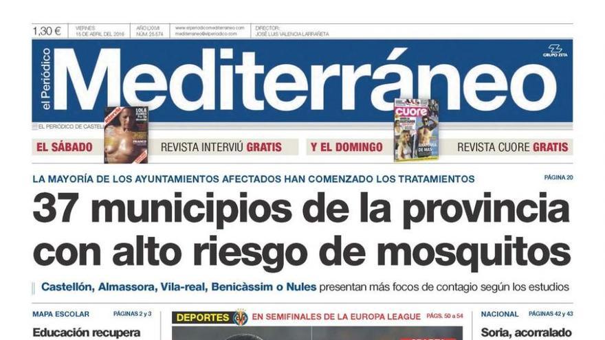 37 municipios de la provincia con alto riesgo de mosquitos, en la portada de Mediterráneo