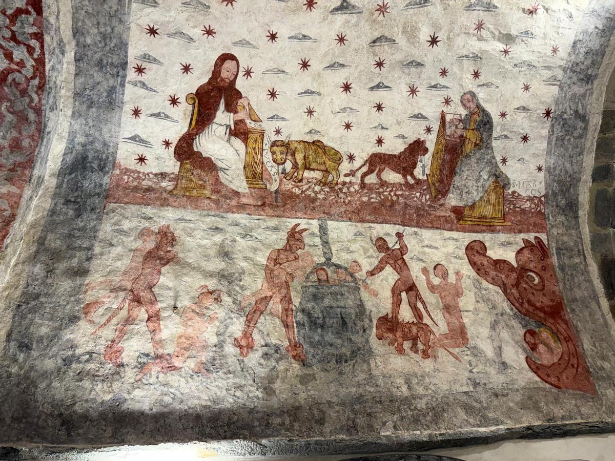 La parte del mural de la bóveda de la iglesia de Cibuyo que representa el infierno.