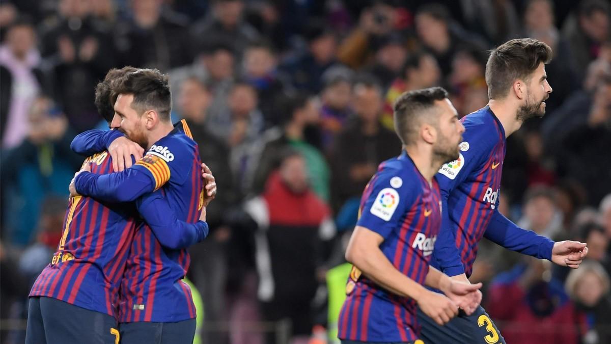 El Barça celebra uno de los goles ante el Sevilla en la vuelta de los cuartos de la Copa 2018/19