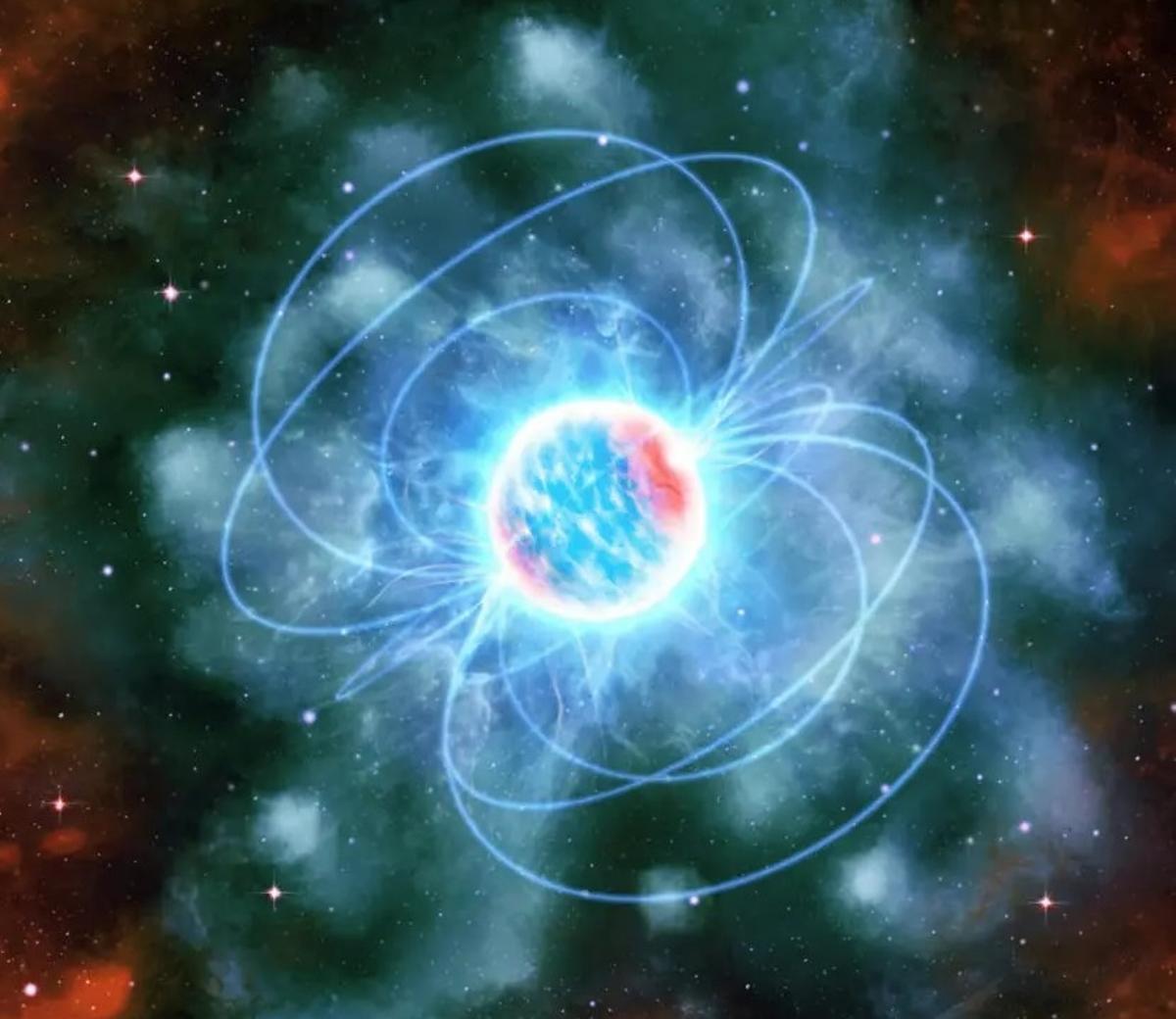 Impresión artística de una estrella de neutrones, mostrada como una esfera azul y roja brillante con rasgos parecidos a chispas que salen volando de ella