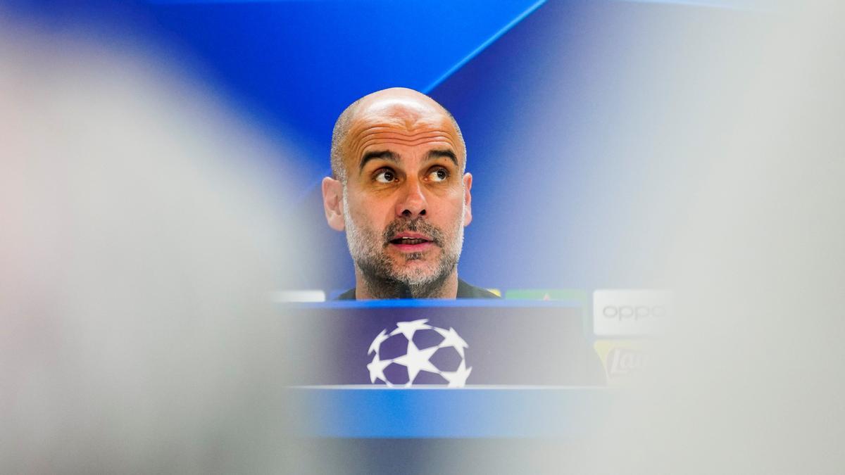 Pep Guardiola, en el Bernabéu en la rueda de prensa previa al Madrid-City de la Champions.