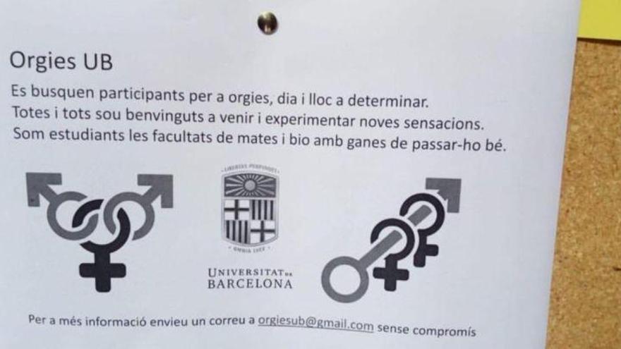 La UB retira de la facultad de Matemáticas carteles que invitaban a una orgía