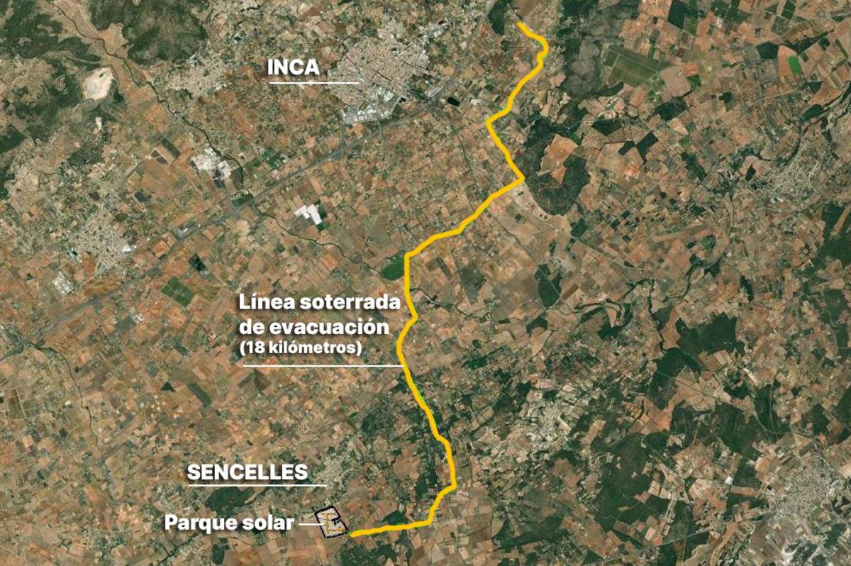 Mapa que muestra el trazado de la línea de evacuación entre el parque ubicado en Sencelles y la subestación de Inca.