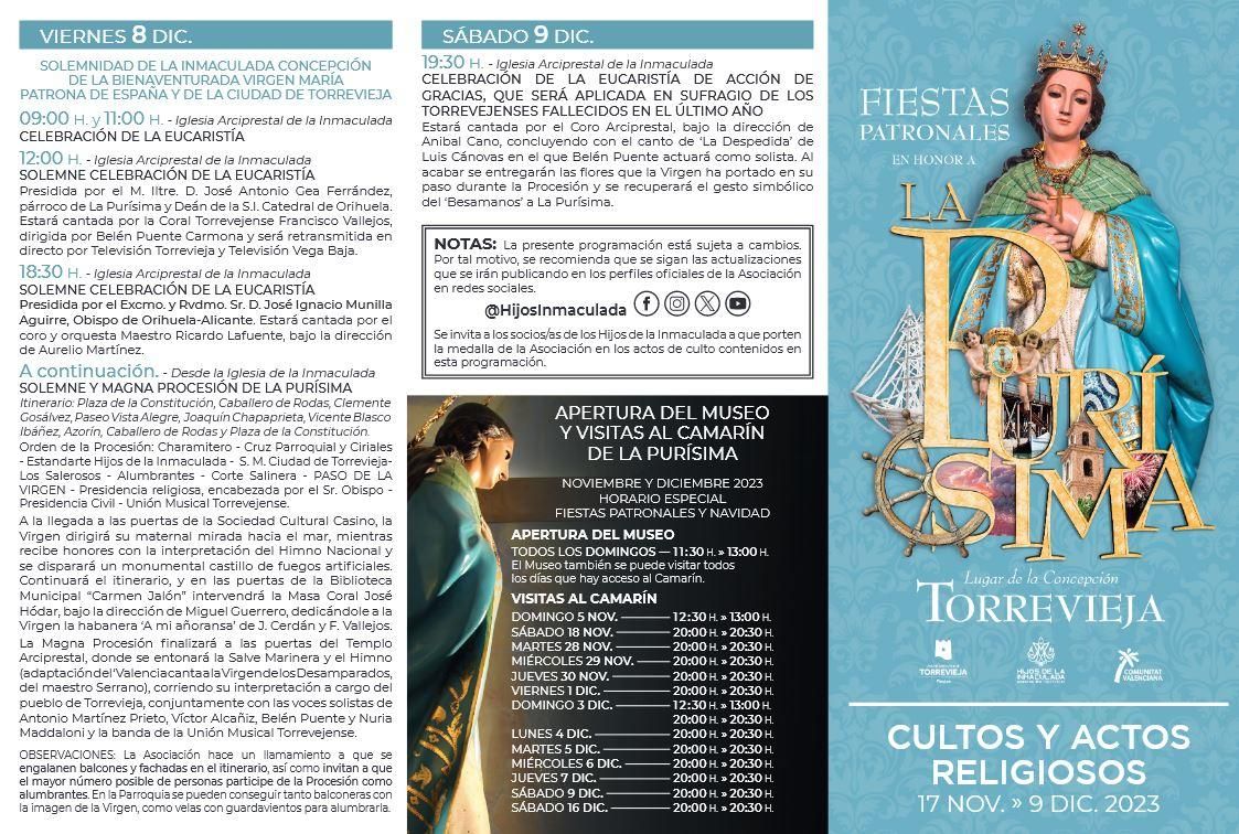 Tríptico con la programación de actos religiosos de La Purísima 2023