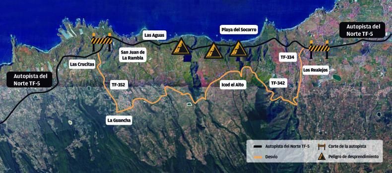 En esta infografía de la zona afectada por los cortes de tráfico, entre Los Realejos y La Guancha, pueden verse las zonas de corte de la circulación en la TF-5