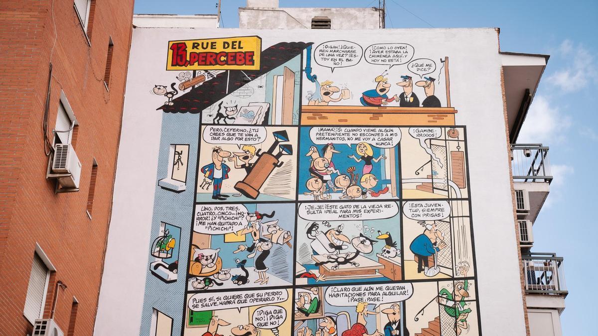 El mural de '13 Rue del Percebe' que los artistas NSN997 y Kerudekolorz han pintado en homenaje a Ibáñez en Carabanchel.