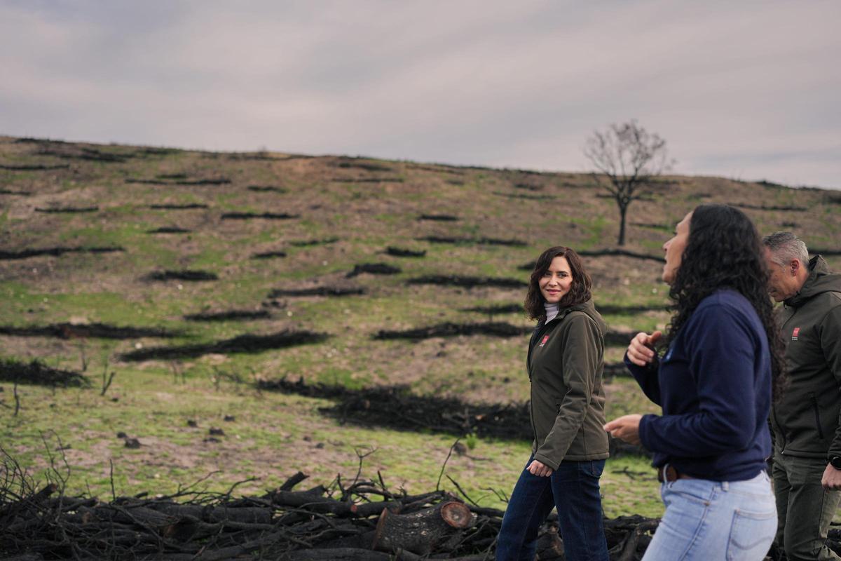 La presidenta de la Comunidad de Madrid, Isabel Díaz Ayuso, el pasado marzo, durante una visita a los trabajos de recuperación en el Monte de Viñuelas después del incendio de Tres Cantos (Madrid) en agosto de 2025.