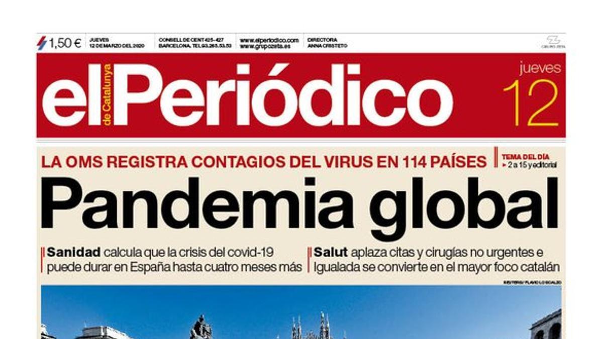 La portada de EL PERIÓDICO del 12 de marzo del 2020