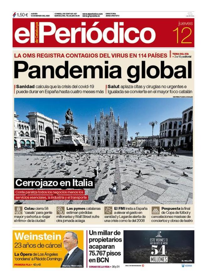 La portada de EL PERIÓDICO del 12 de marzo del 2020.