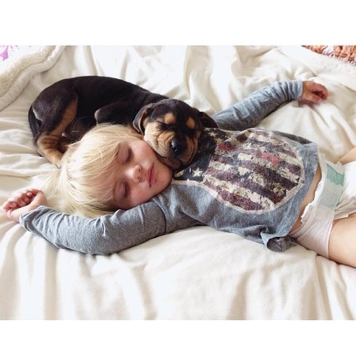 Beau, durmiendo junto a su perro, Theo