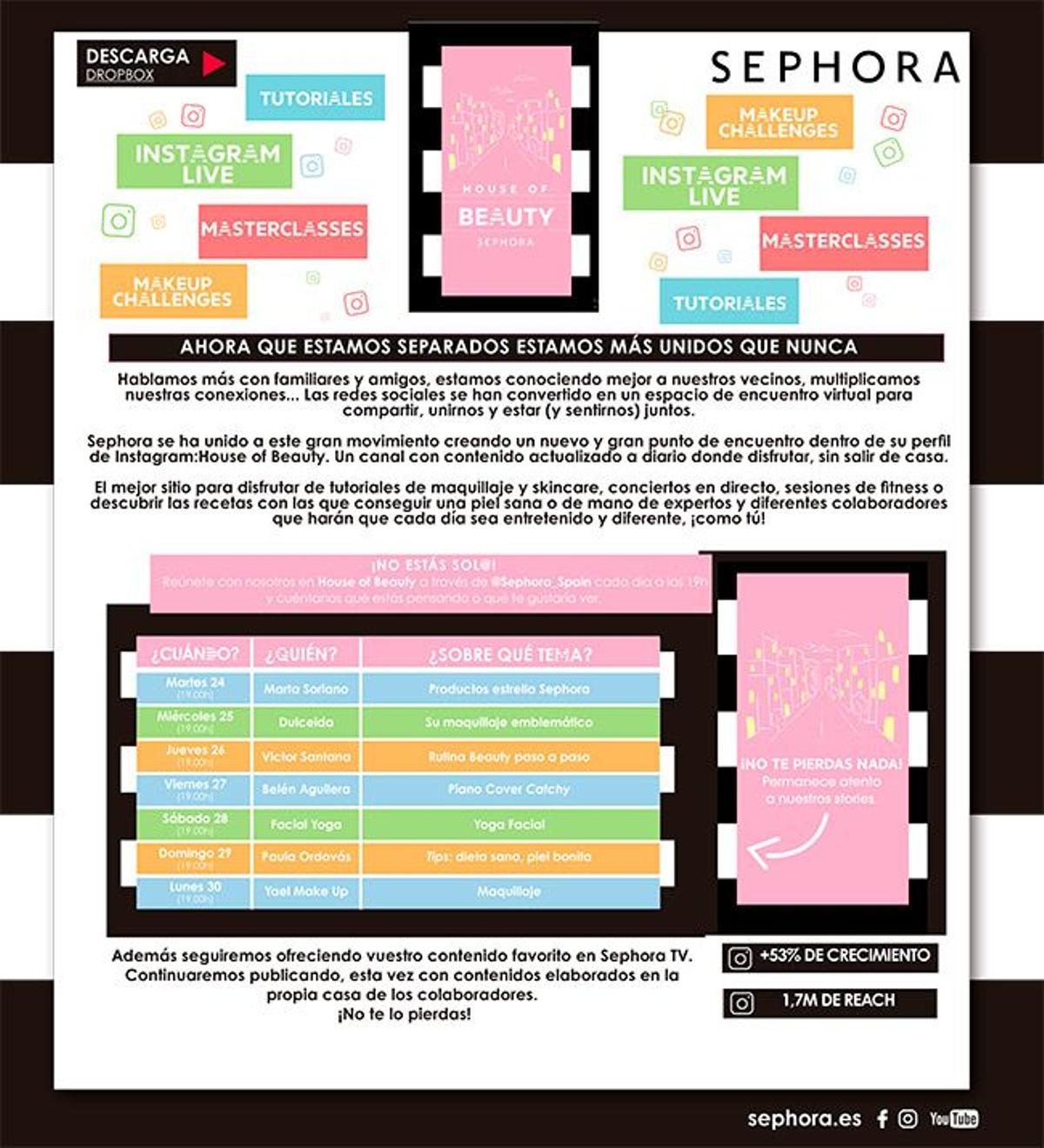 Calendario de actividades en el canal 'House of Beauty de Sephora'