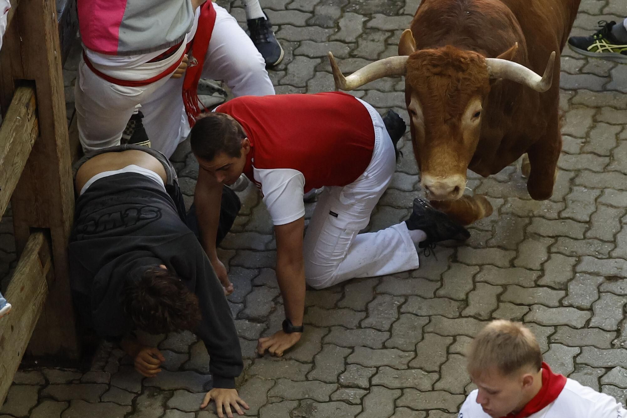 Varios corredores caen al paso de uno de los toros de la ganadería Álvaro Núñez durante el tercer encierro de los Sanfermines 2025 este miércoles en Pamplona. EFE/ Villar López