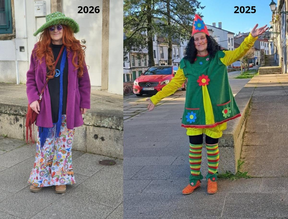 La alcaldesa de Santiago como Janis Joplin su disfraz de este Entroido, y con el look infantil del pasado año.