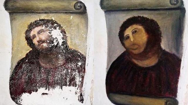 Montaje del Centro de Estudios Borjanos que muestra el fresco, antes y después de la restauración de Cecilia Giménez.   | // L.O.