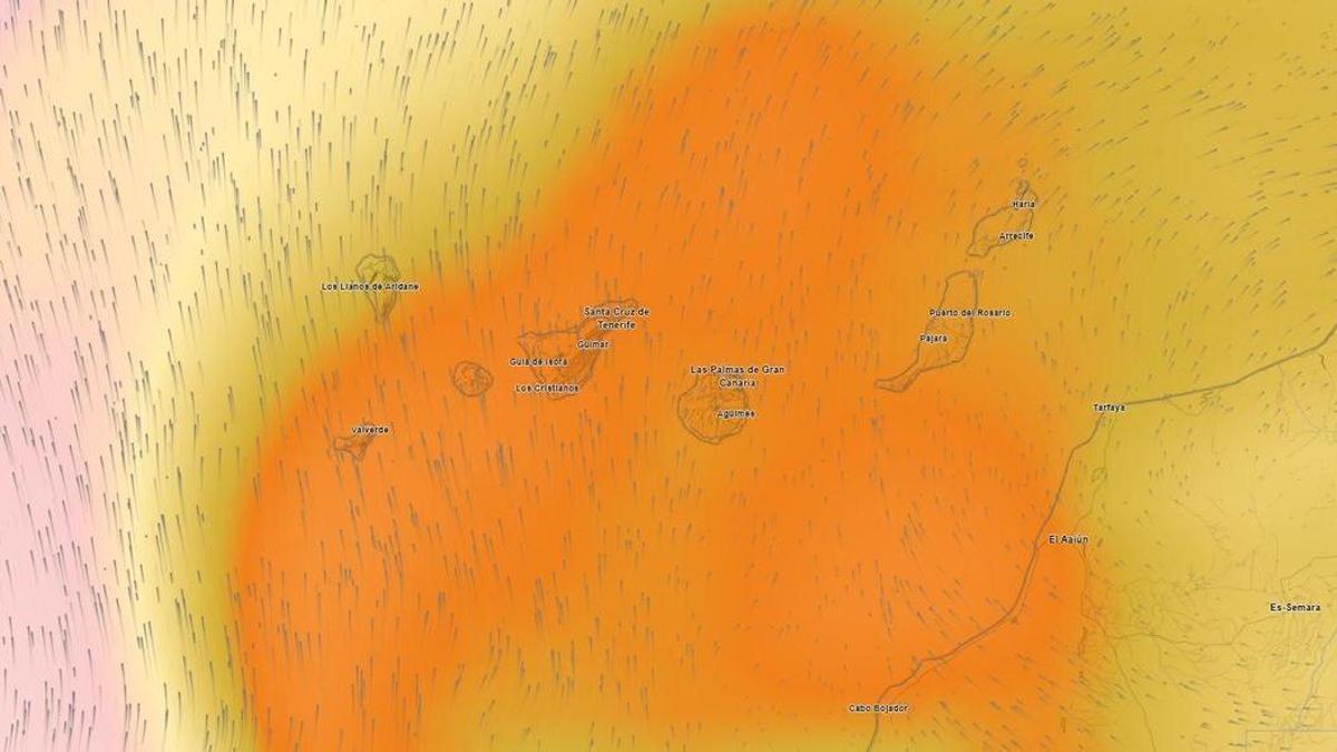 Mapa meteorológico con la masa de polvo subsahariano sobre Canarias el próximo sábado