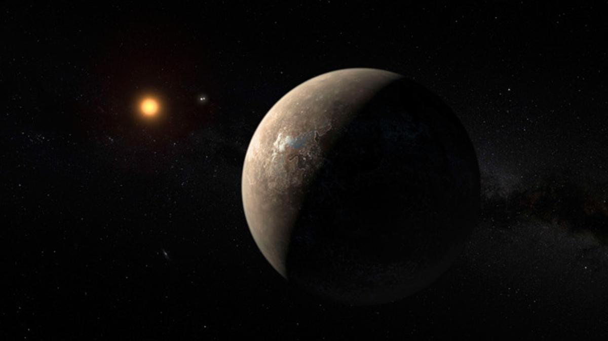 Simulación del exoplaneta Proxima b orbitando alrededor de Proxima Centauri, la estrella más cercana a nuestro Sol, a una distancia de cuatro años luz. 