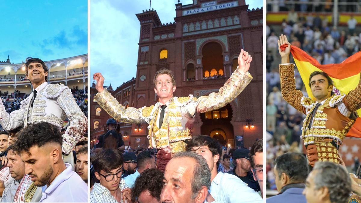 Sebastián  Castella, Borja Jiménez y Perera en diferentes fotos saliendo a hombros en Las Ventas.