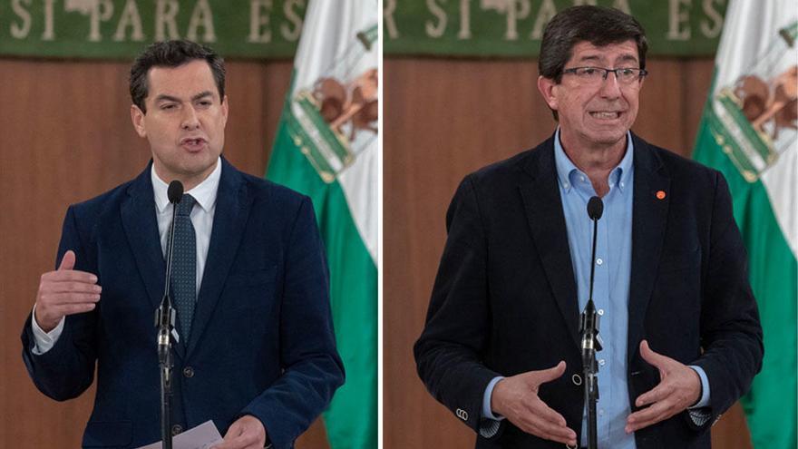 Juanma Moreno y Juan Marín comparecieron el martes ante la prensa tras su reunión.