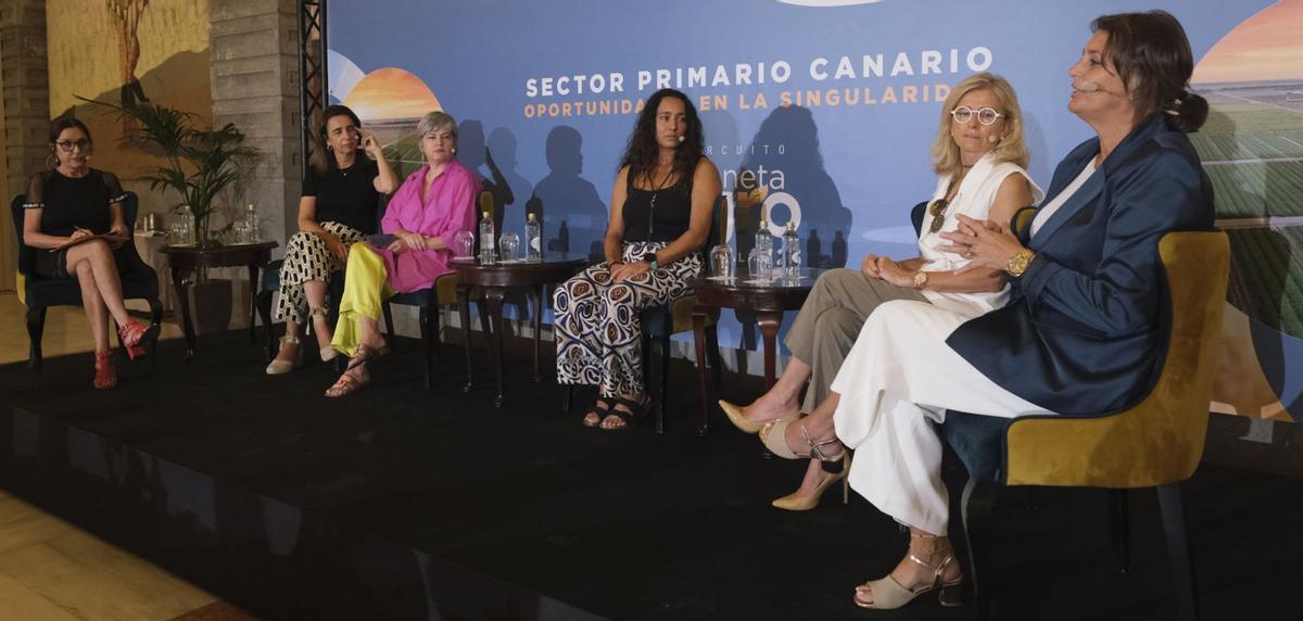 Por la derecha, Silvia Camacho, Mima Roca, Tamara Cruz, María del Mar Araña e Isabel Cárdenes Bonny, con la moderadora Flora Marimón, en el Foro Prensa Ibérica.|  |