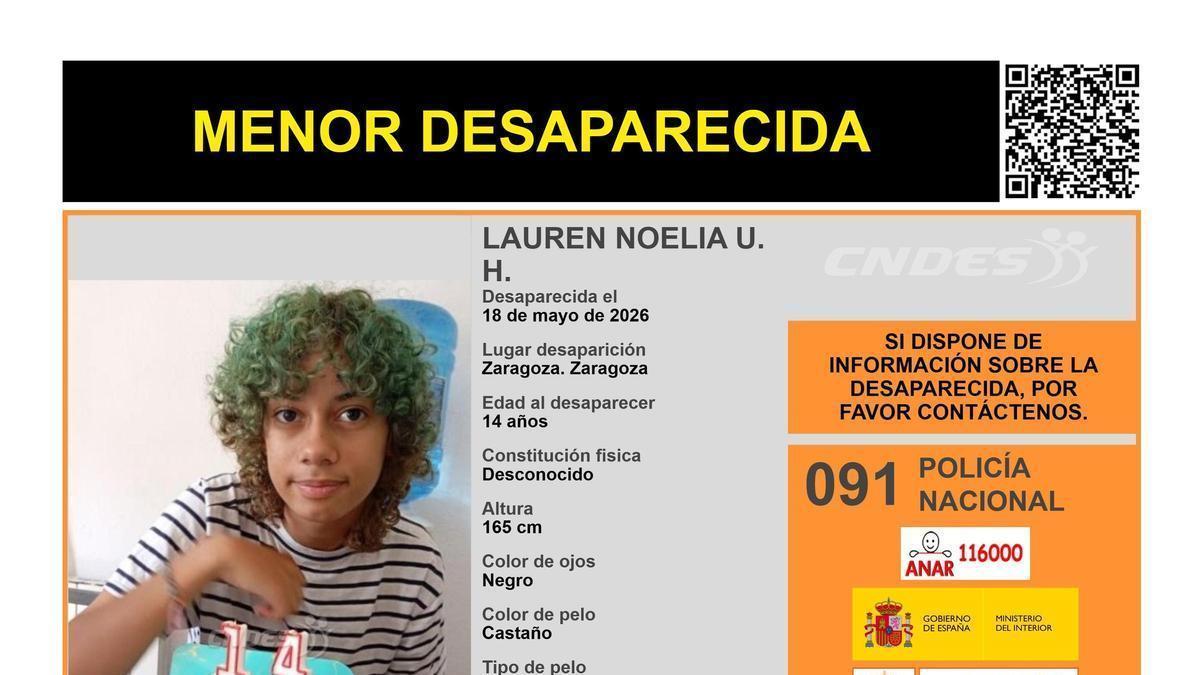 Alerta por la desaparición de una menor de 14 años vista por última vez en Zaragoza