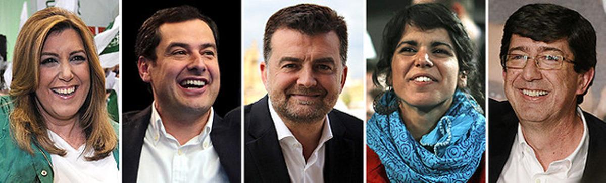 D’esquerra a dreta, els candidats Susana Díaz (PSOE), Juan Manuel Moreno (PP), Antonio Maíllo (IU), Teresa Rodríguez (Podem) i Juan Marín (Ciutadans).