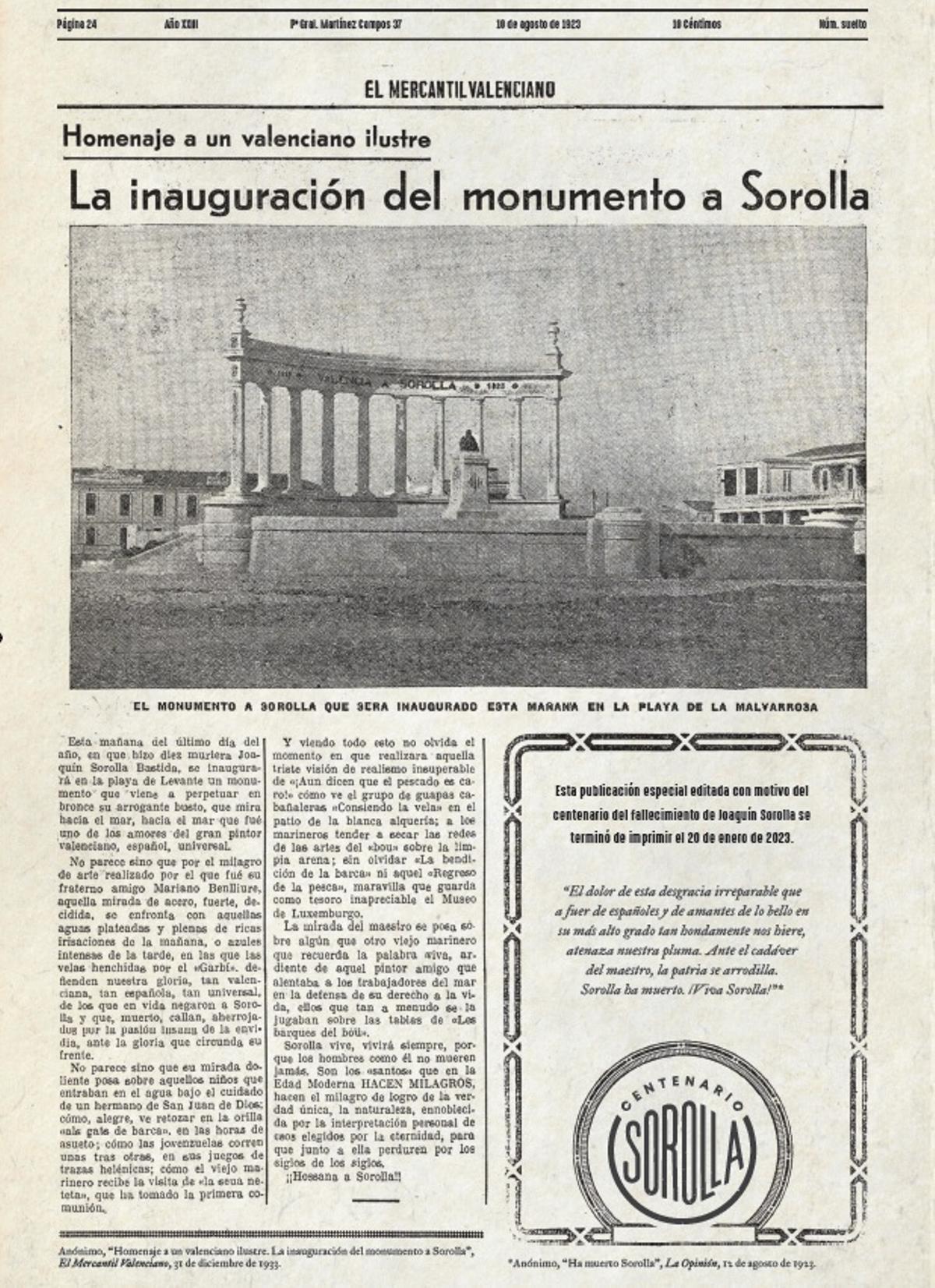 Artículo sobre el monumento a Sorolla.