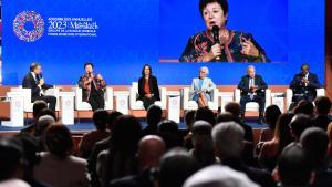 La directora gerente del FMI, Kristalina Georgieva, en la segunda sesión del encuentro del FMI y el Banco Mundial que este año se celebra en Marrakesh.