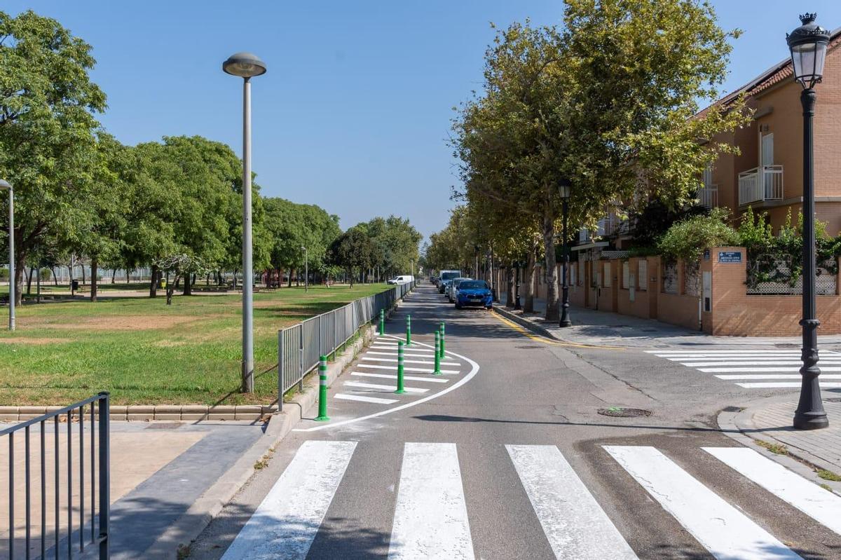 Otra vista de los bolardos colocados en la calle para frenar la velocidad.