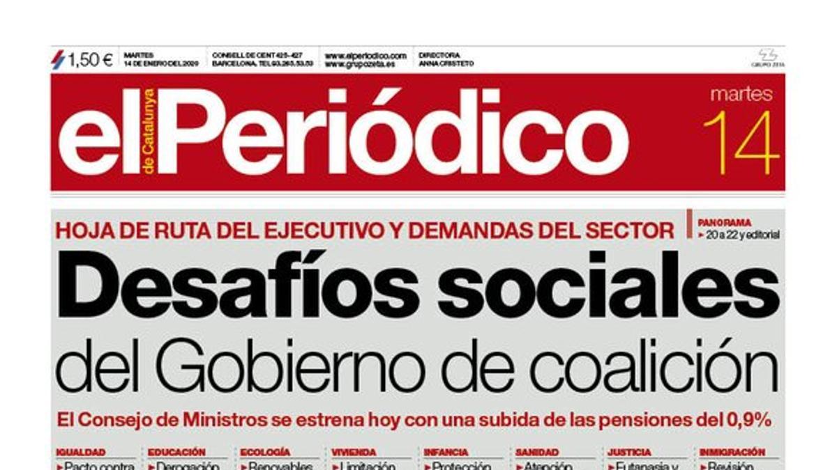 La portada de EL PERIÓDICO del 14 de enero del 2020.