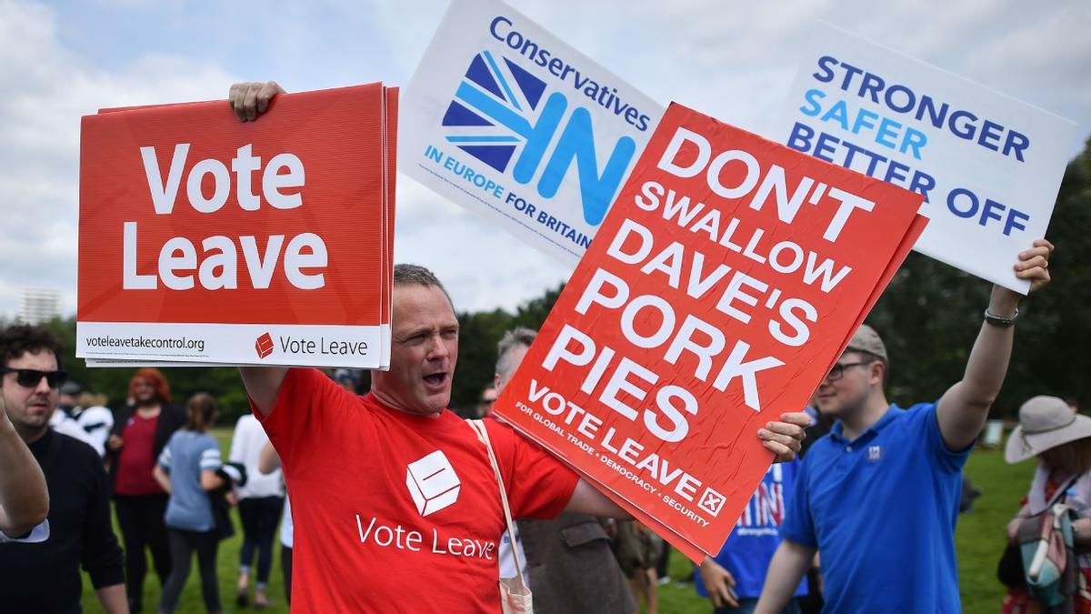 Un votante a favor de la salida de la UE se manifiesta durante un acto a favor de permanecer en la Unión, el 19 de junio de 2016 en el Hyde Park de Londres.