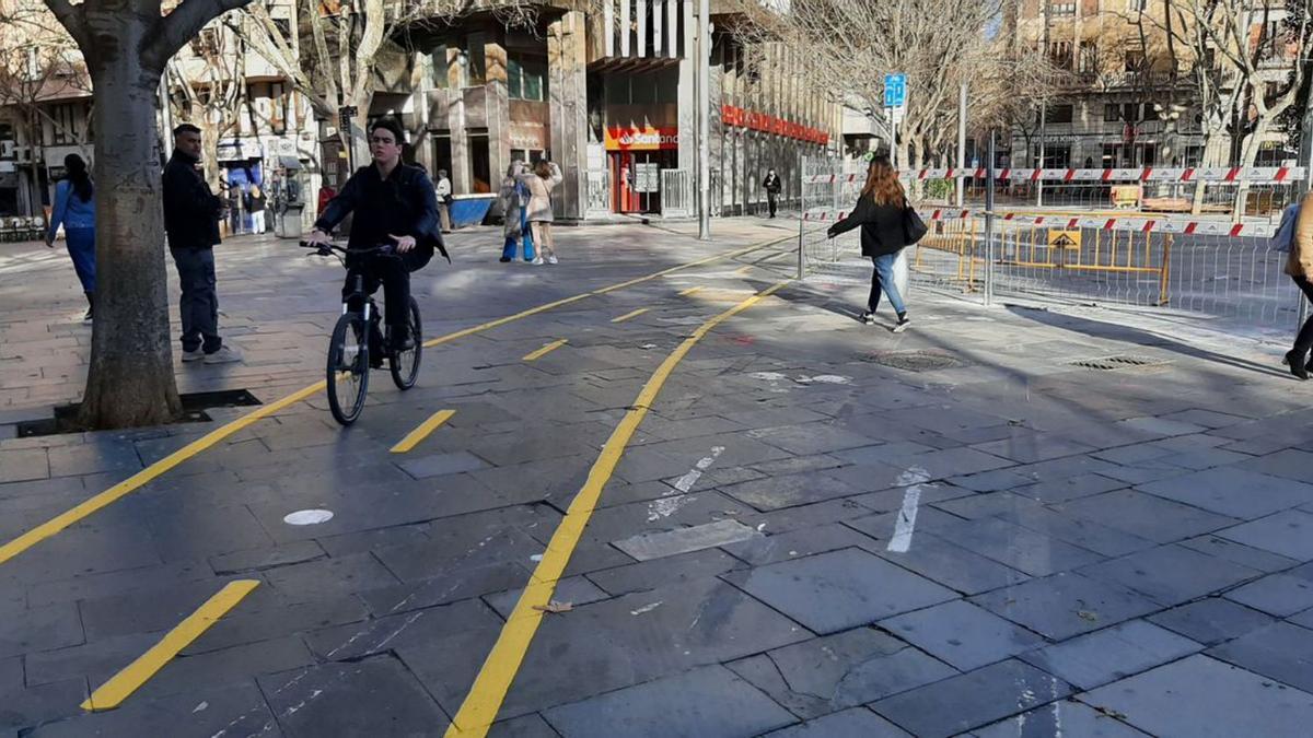 Los viandantes deben invadir el carril bici para atravesar la zona peatonal. 