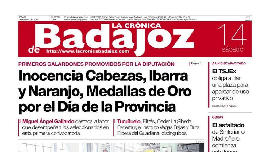 Esta es la portada de LA CRÓNICA DE BADAJOZ correspondiente al día 14 de abril del 2018