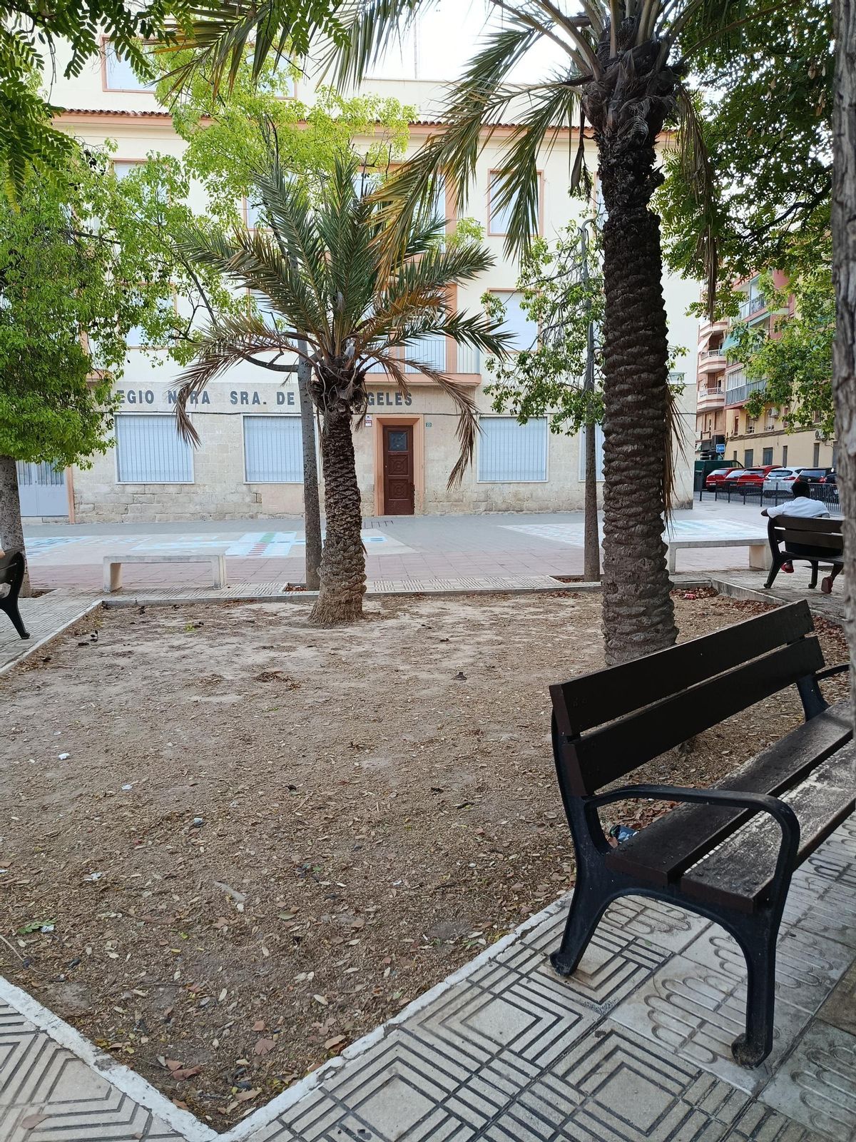 Foto actual de una de las improvisadas porterías con forma de dos palmeras del patio del colegio Nuestra Señora de Los Ángeles