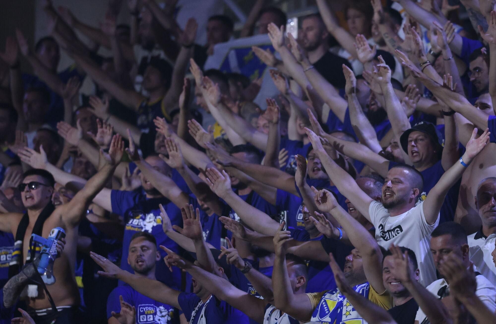LIMASSOL (Cyprus), 30/08/2025.- Supporters of Bosnia and Herzegovina react before the FIBA EuroBasket 2025 group phase basketball match between Spain and Bosnia and Herzegovina, in Limassol, Cyprus, 30 August 2025. (Baloncesto, Bosnia-Herzegovina, Chipre, España) EFE/EPA/GEORGI LICOVSKI