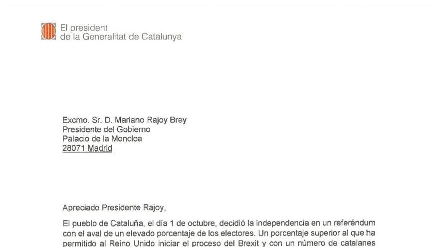 La carta enviada per Puigdemont a Rajoy.