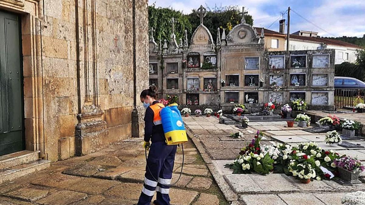 Una operaria desinfecta el camposanto de Castrelo de Miño.