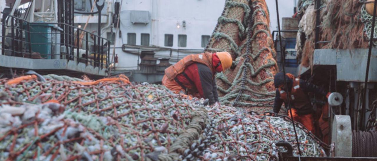 Maniobra de virada de aparejo, completada, a bordo de un buque de Russian Fishery. |