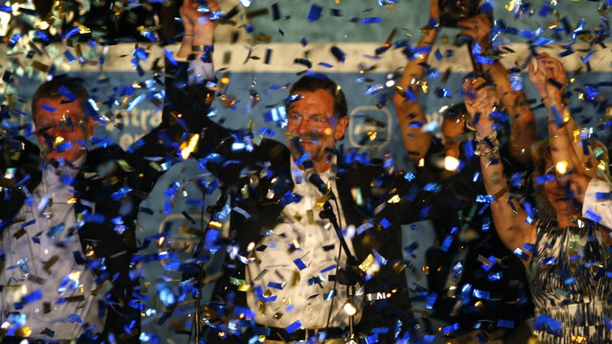 Gallardón, Rajoy y Aguirre celebran la victoria del PP.