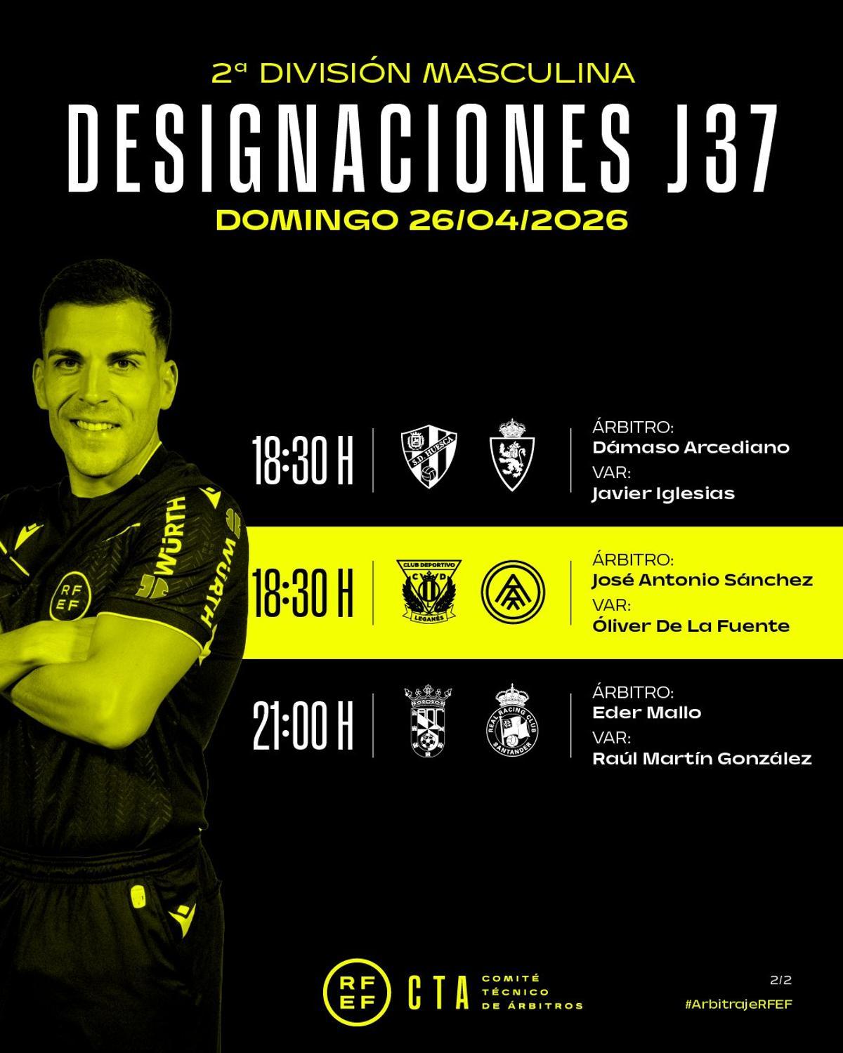 Designaciones arbitrales en Segunda para este domingo.