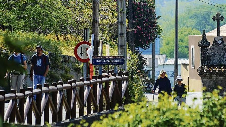 Un grupo de peregrinos del Camino Portugués a su paso por el Concello de Valga. // Iñaki Abella