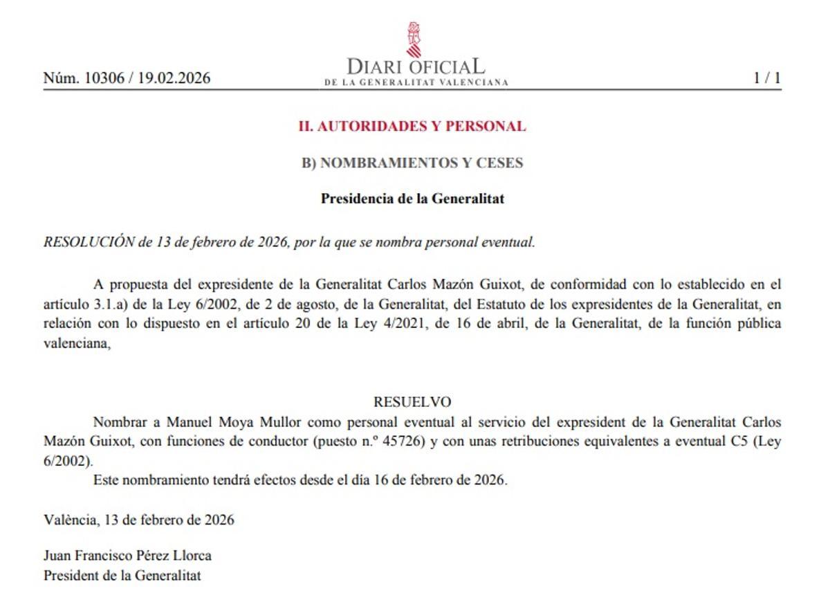 Resolución del DOGV en el que se nombra al conductor del expresidente Mazón.