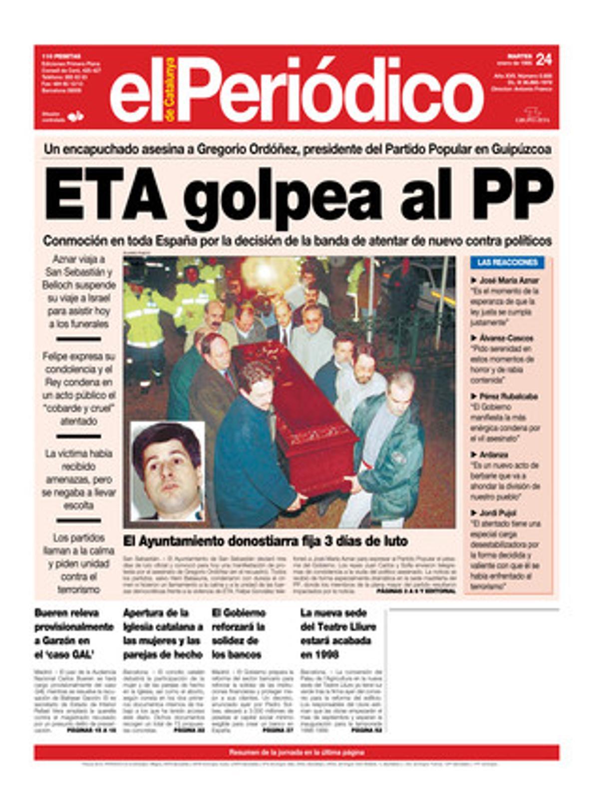 Un encaputxat assassina Gregorio Ordóñez, president del PP a Guipúscoa. 24/01/1995