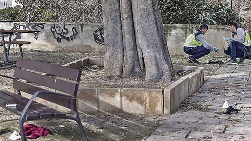 Investigadores de la Policía examinan los restos quemados, junto al banco donde estaba la mujer.