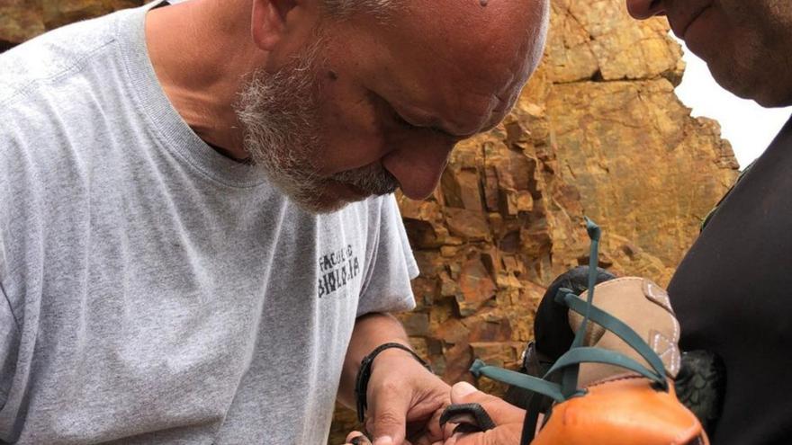 Dos investigadores con una de las aves objeto del estudio.  | U. O.