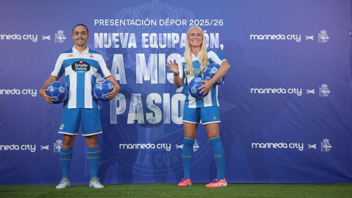 Luismi Cruz y Merle Barth posan en la presentación de las camisetas de la temporada pasada en Marineda City