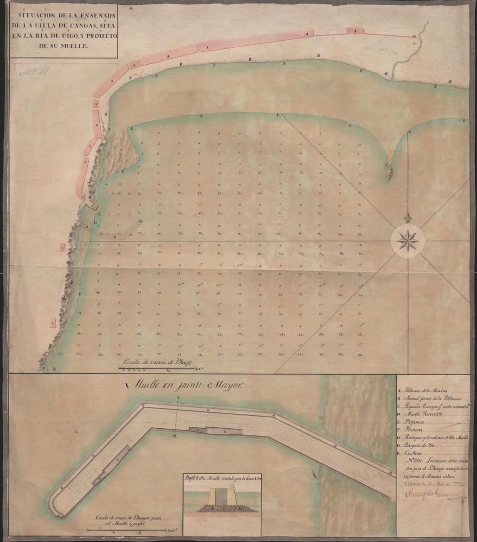 1793 Proxecto de peirao. Retomado  –con certas variacións–, a partires do ano 1900. Aparece coa letra C, o único punto de atraque onde estaba a Axudantía. Ministerio de Obras Públicas.   | FOTO: ARQUIVO